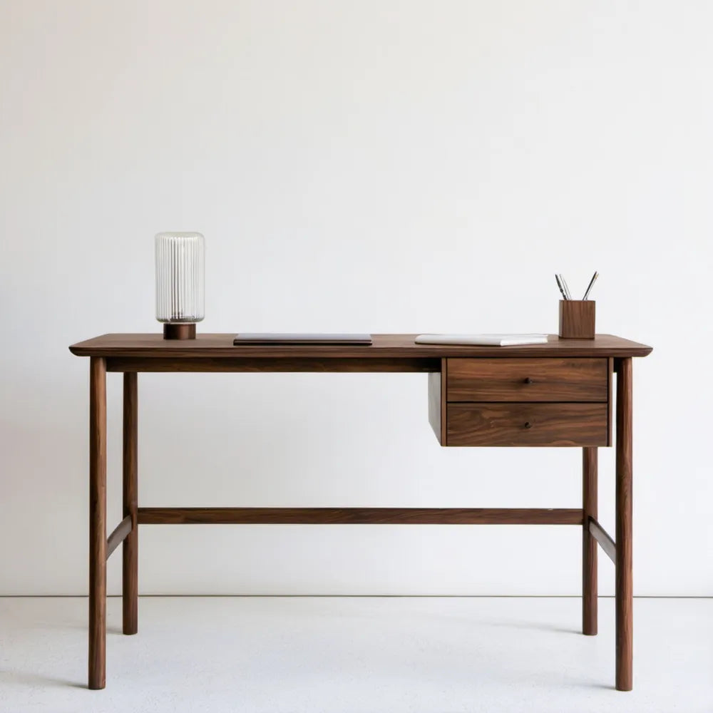 Biurko z litego drewna orzechowego, brązowe, 140 × 60 × 75 cm, 2 szuflady