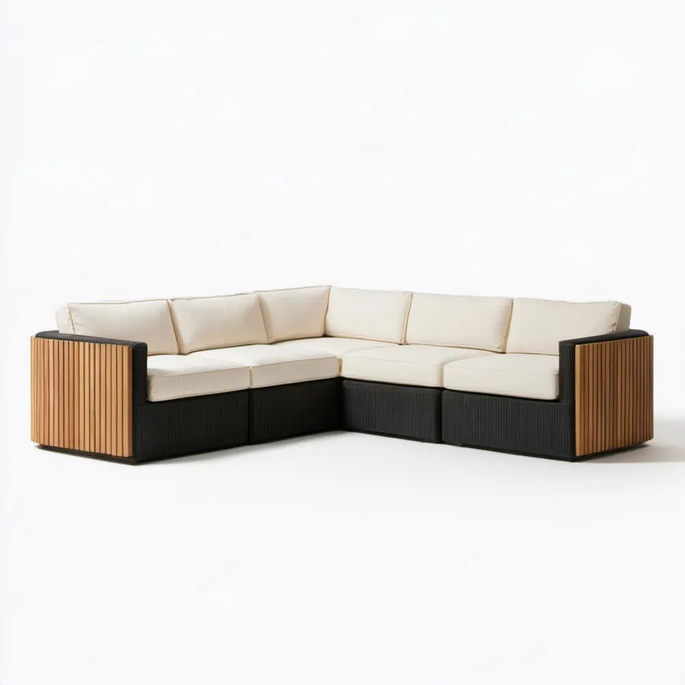 Modułowa narożna sofa ogrodowa 5-osobowa czarno-beżowa z drewnem akacjowym, 280 x 220 x 70 cm