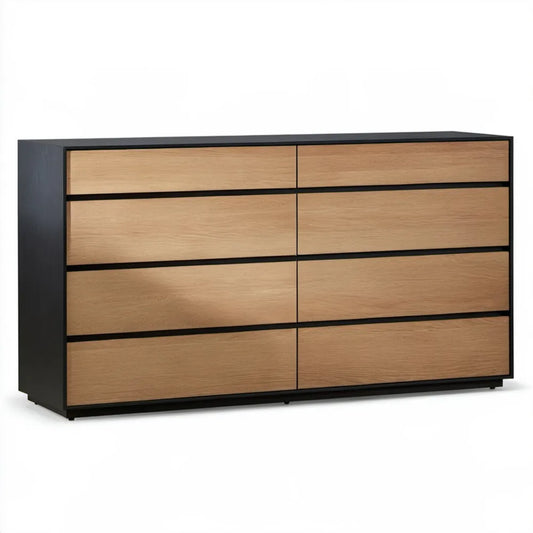 Komoda z 8 szufladami, czarno-naturalny dąb, 160 × 40 × 90 cm