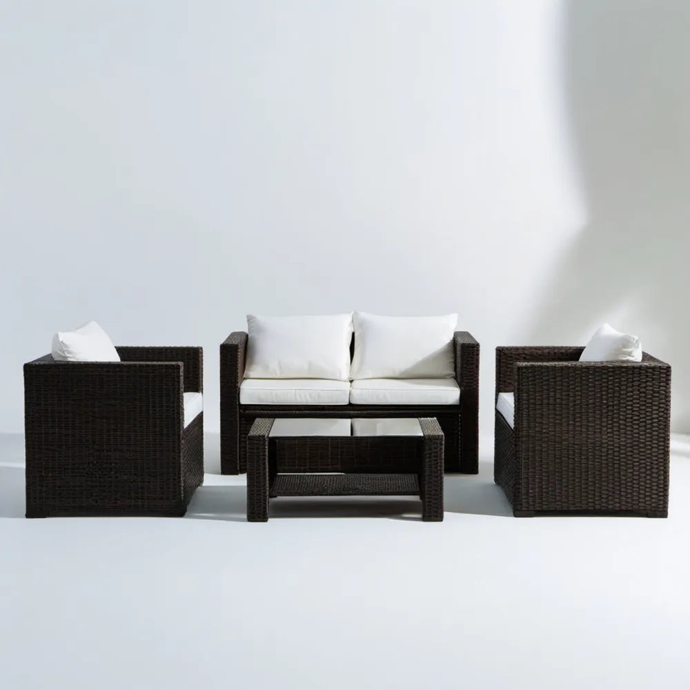 4-częściowy zestaw wypoczynkowy z technorattanu ciemnobrązowy/biały, sofa 126 x 65 x 73 cm