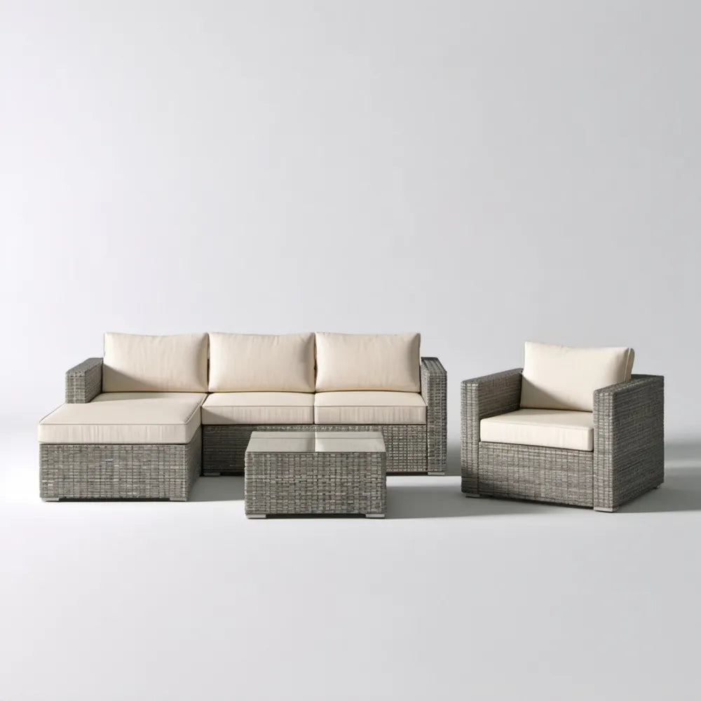 Szaro-kremowy zestaw ogrodowy z technorattanu: sofa narożna 205 × 140 × 68 cm, fotel i stolik