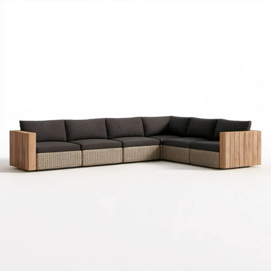 Narożna sofa ogrodowa 5-osobowa z technorattanu i drewna akacjowego, grafitowo-beżowo-naturalnobrązowa, 300 × 220 × 75 cm