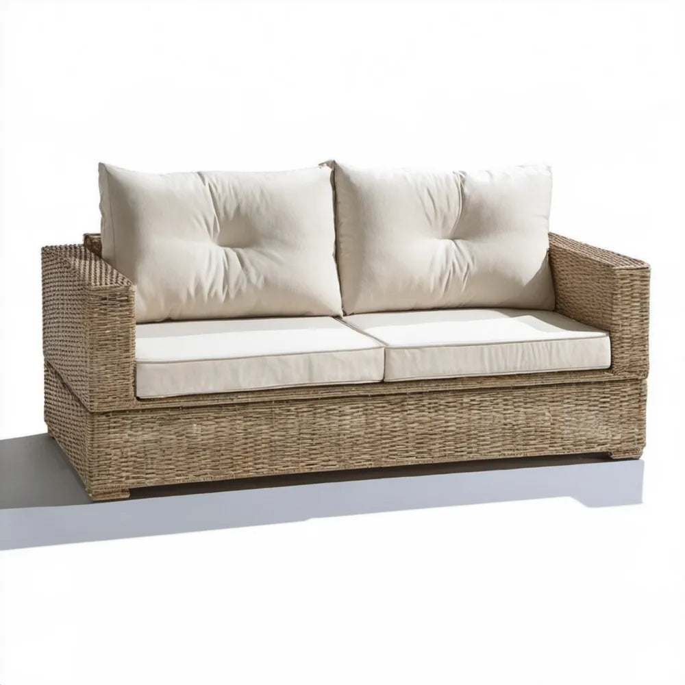 Dwuosobowa sofa z technorattanu PE, beżowo-kremowa, 140 x 80 x 75 cm