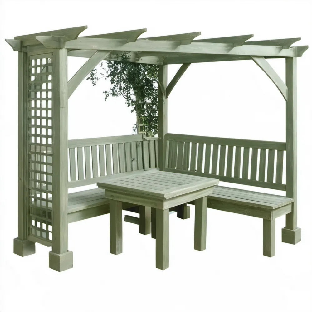 Zielona pergola ogrodowa z ławkami i stołem z litego drewna sosnowego 200 x 200 x 220 cm