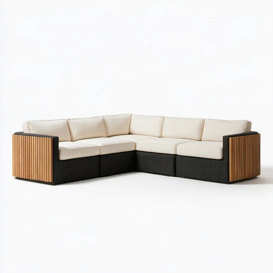 Modułowa narożna sofa ogrodowa 5-osobowa czarno-beżowa z drewnem akacjowym, 280 x 220 x 70 cm