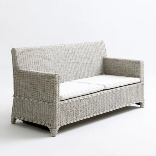 Dwuosobowa sofa ogrodowa z technorattanu jasnoszara z białymi poduszkami, 150 × 75 × 85 cm