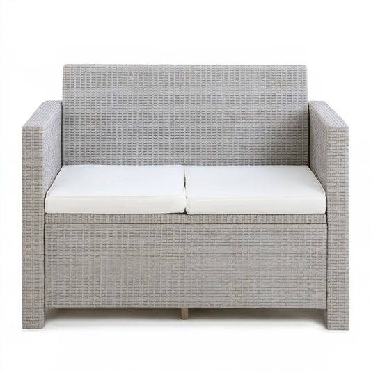 Dwuosobowa sofa ogrodowa z technorattanu PE jasnoszara z białymi poduszkami, 120 x 70 x 75 cm