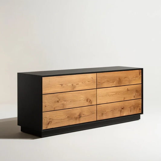 Komoda z 6 szufladami, lite drewno dębowe i MDF, czarno-dębowa, 160 x 45 x 80 cm