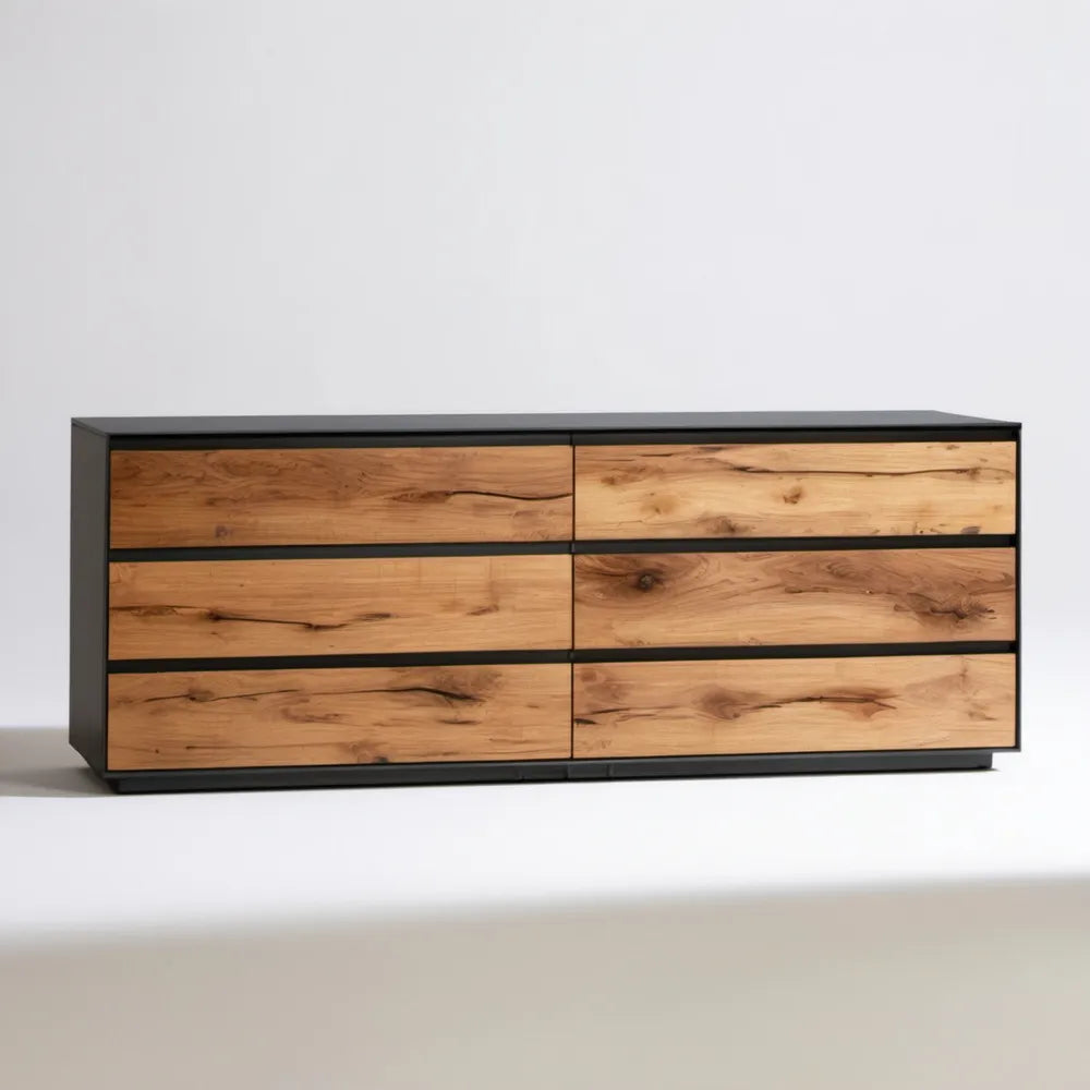 Komoda z 6 szufladami, dekor naturalnego dębu i czarny, 160 x 40 x 75 cm